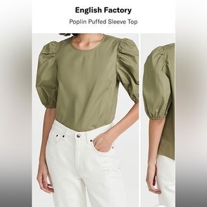 Olive Green Poplin Puff Sleeve English Factory Top Size Medium